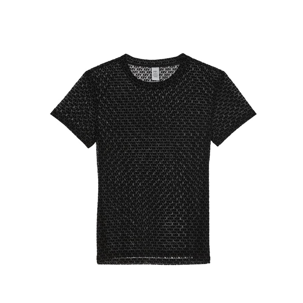 Victoria’s Secret VSX Black Sheer Mesh Logo Tee Y2K Fitted Top Size S - Picture 7 of 9